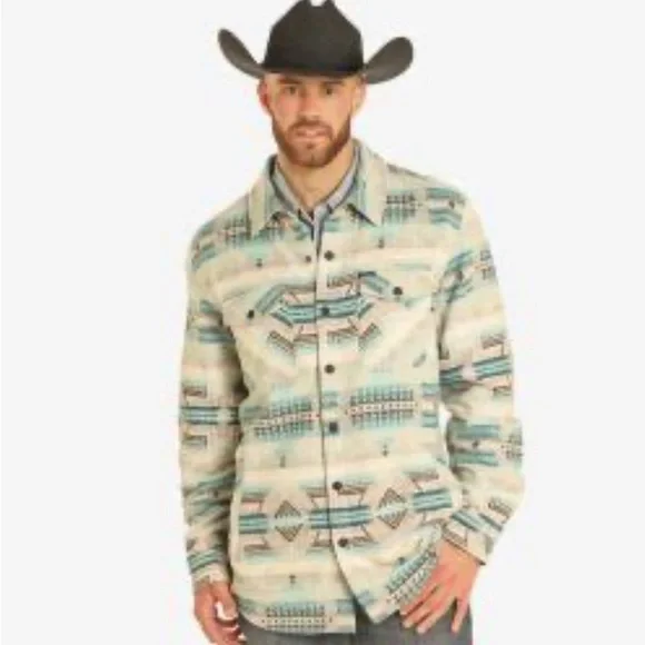Rock & Roll Denim Men’s Beige Teal Turquoise Aztec Jacket Shacket, Size XXL, NWT - Picture 11 of 11
